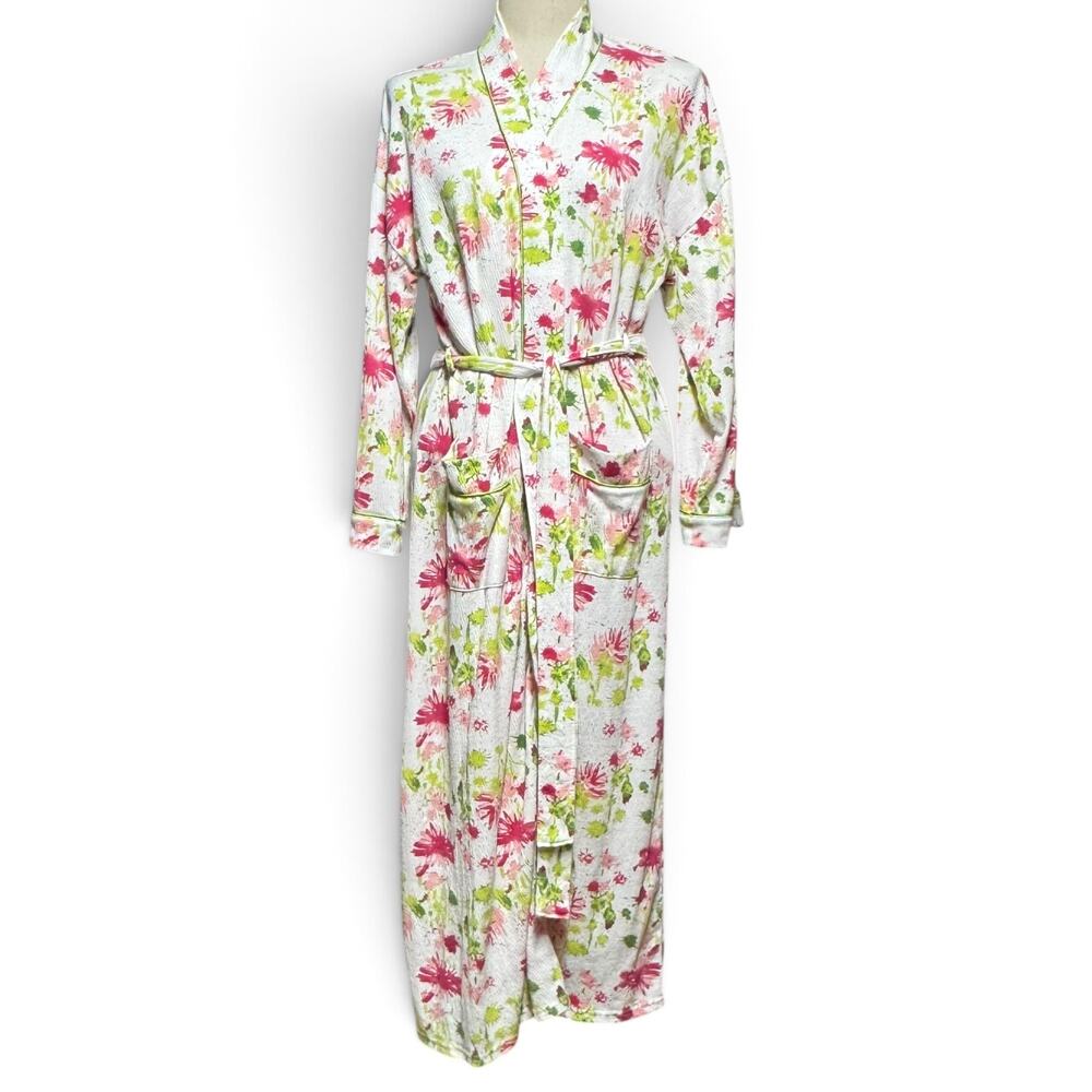 Soft Surroundings Cotton Robe Painterly Floral White Pink Green Large